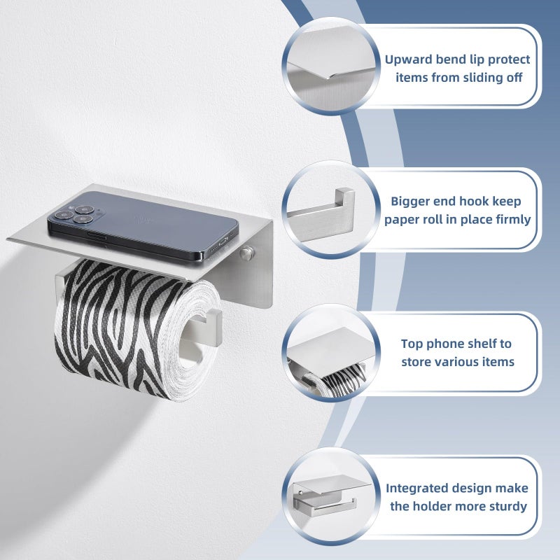 APLusee Brushed Nickel Toilet Paper Holder with Phone Shelf, 304 Stainless Steel Toilet Tissue Roll Holder, Wall Mounted Bathroom Paper Roll Dispenser - Image 5